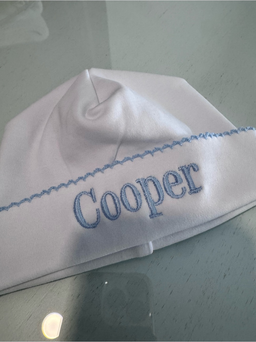 White Baby Beanie with Light Blue 'Cooper' Embroidery